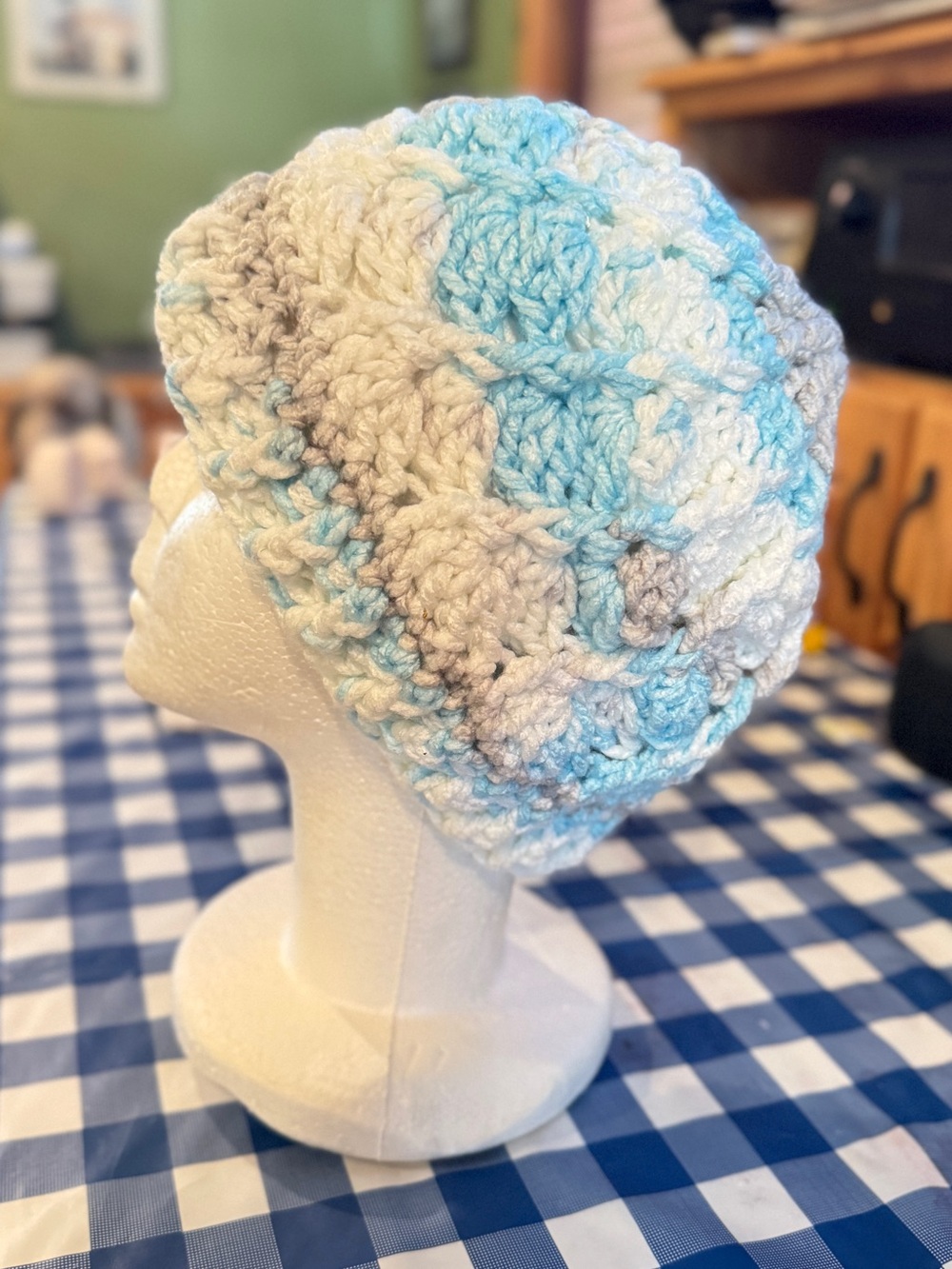 Handmade Crochet Slouch Beanie in Blue, White & grey